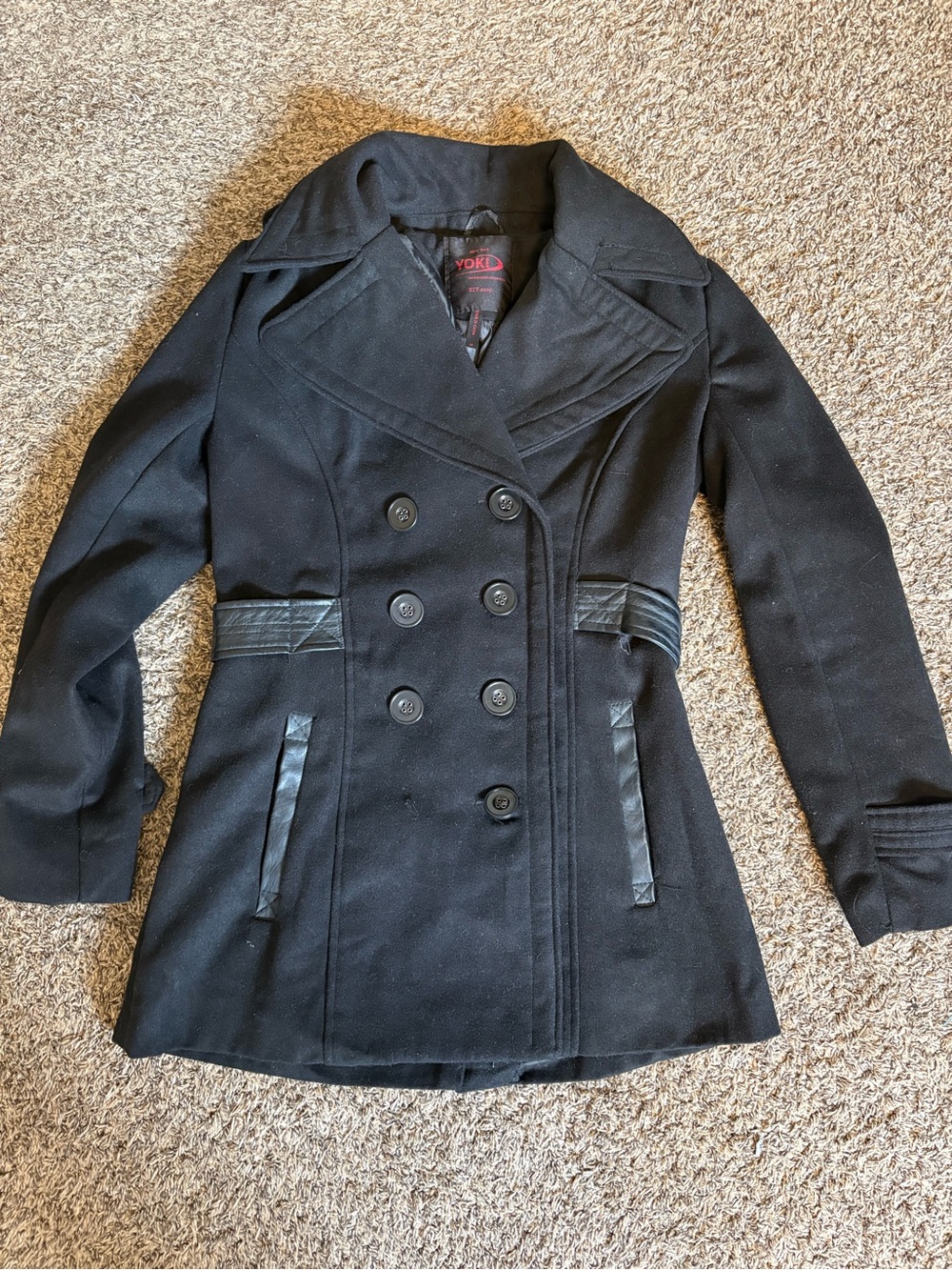 Yoki Black Double-Breasted Peacoat with Faux-Leather Trim